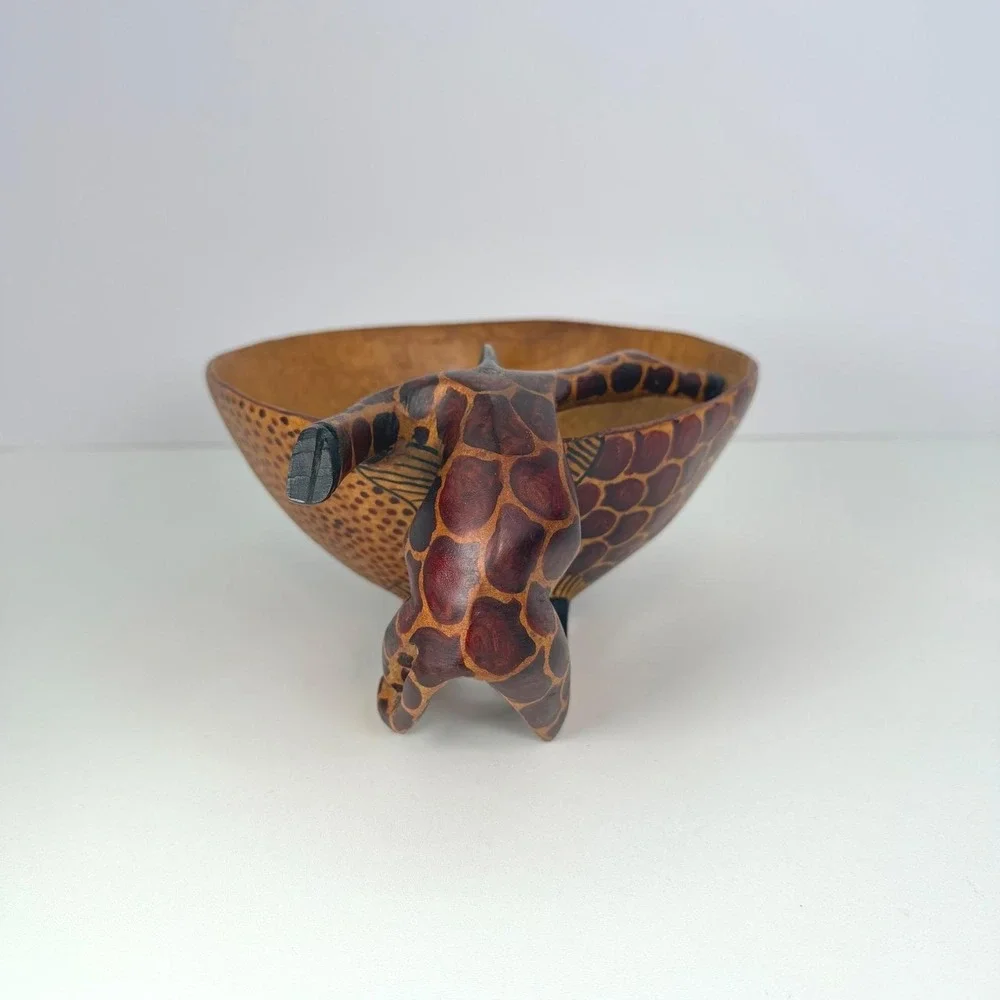 Hand Carved giraffe Wood Bowl folk art trinket bowl VTGAfrican Folk‎ Art
